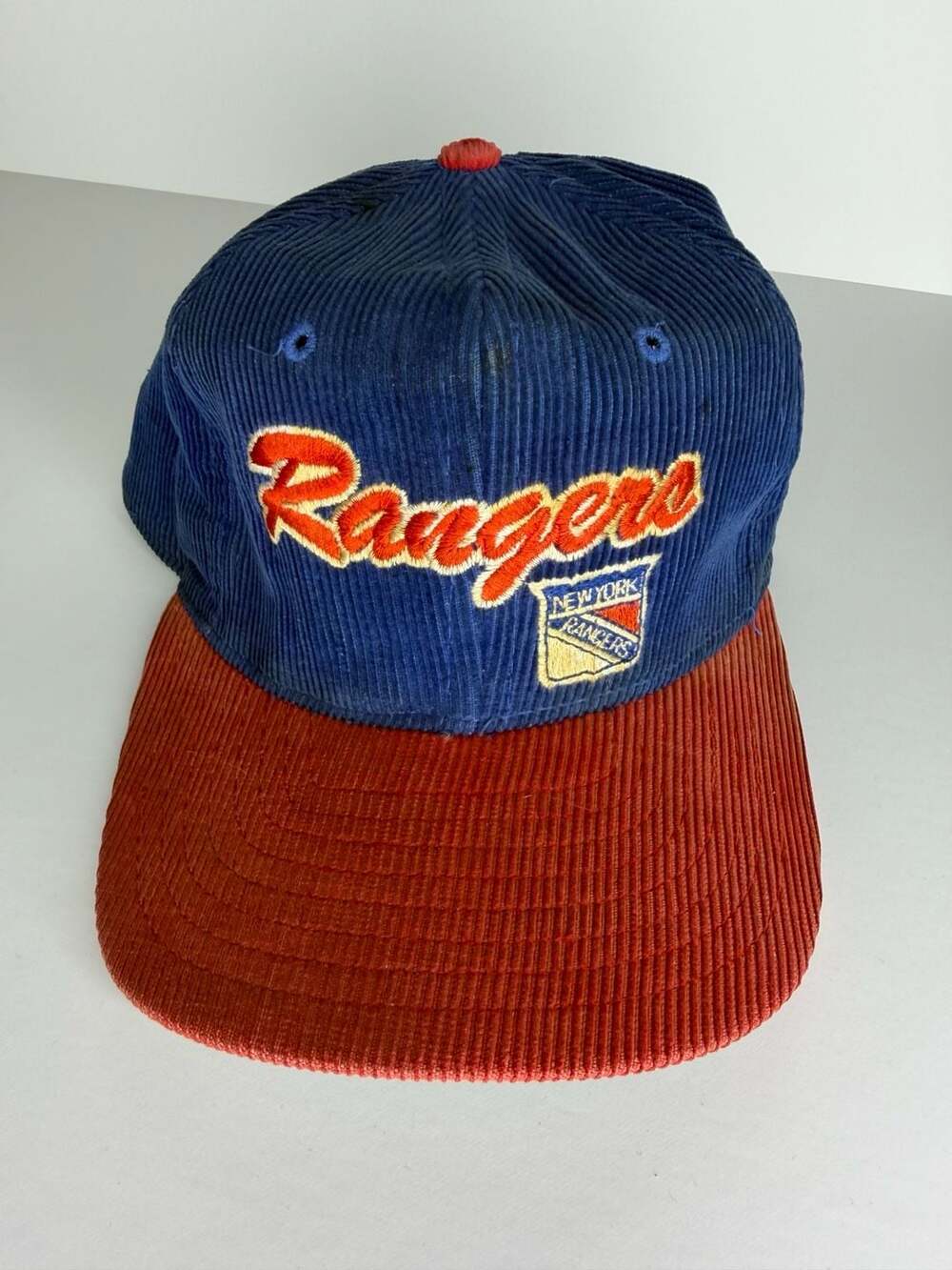 Vintage Pro Star New York Rangers Corduroy Snapback Hat Script NHL Blue Red